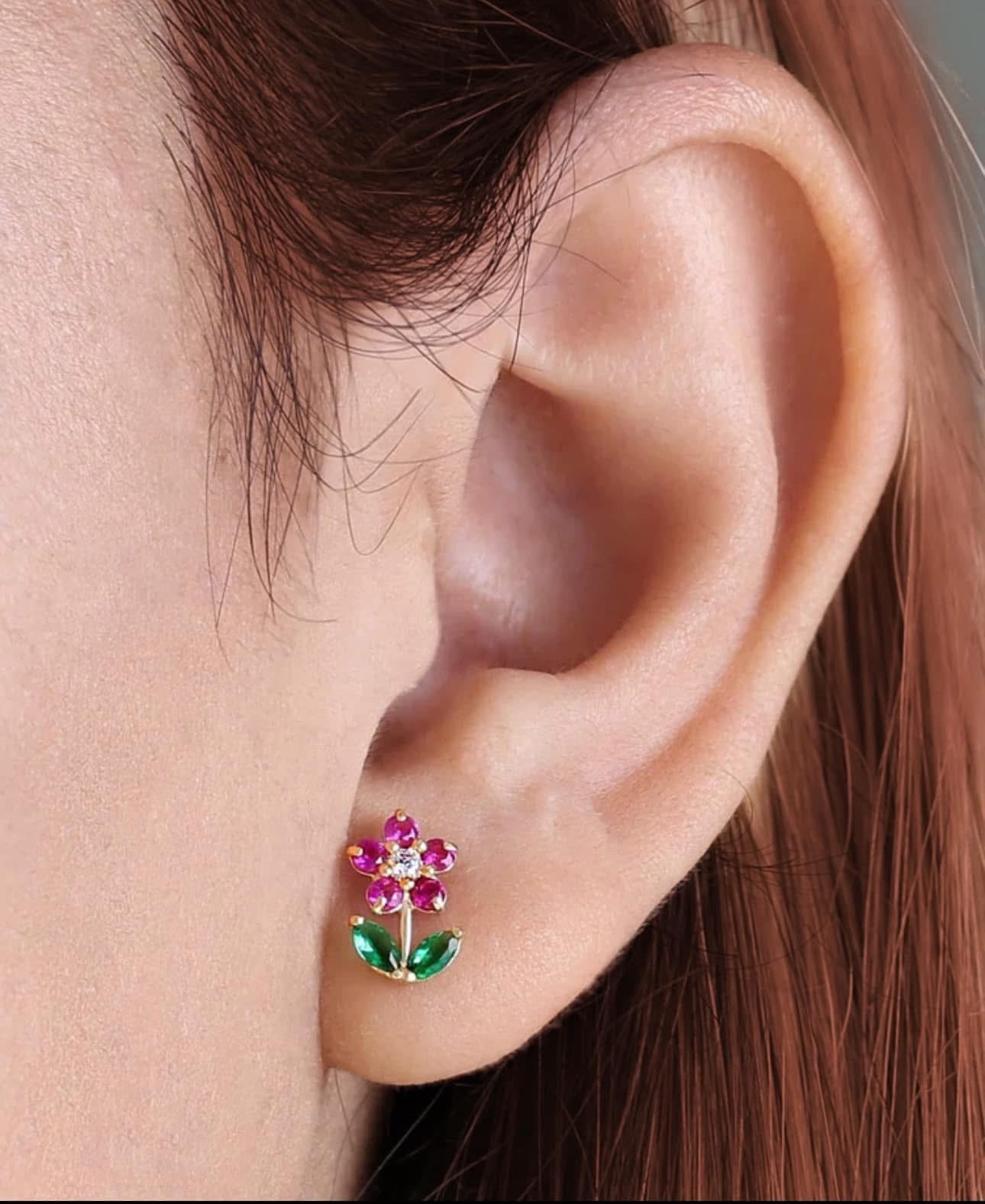 14k gold ruby CZ flower stud earrings