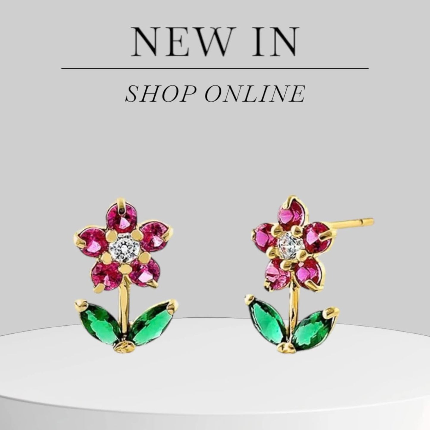 14k gold ruby CZ flower stud earrings