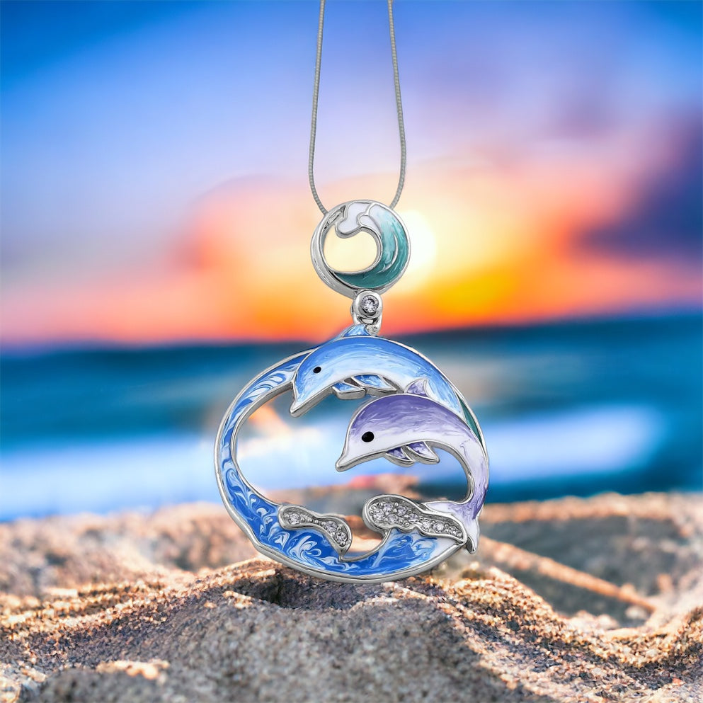 Hand Painted Twin Dolphin Necklace