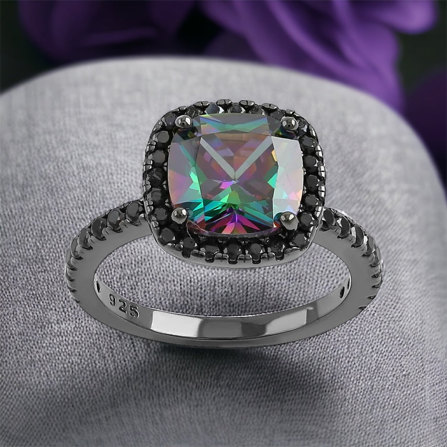 Black Rhodium Rainbow CZ Cushion Cut Ring