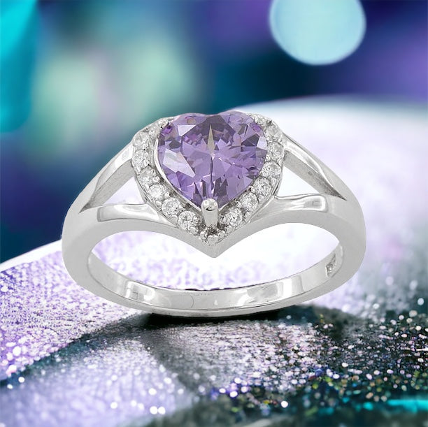 Amethyst Heart CZ Ring