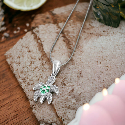 Hand Painted Sea Turtle CZ Necklace