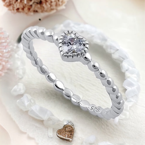 Beaded Heart CZ Ring