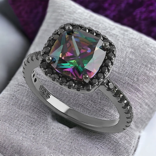 Black Rhodium Rainbow CZ Cushion Cut Ring