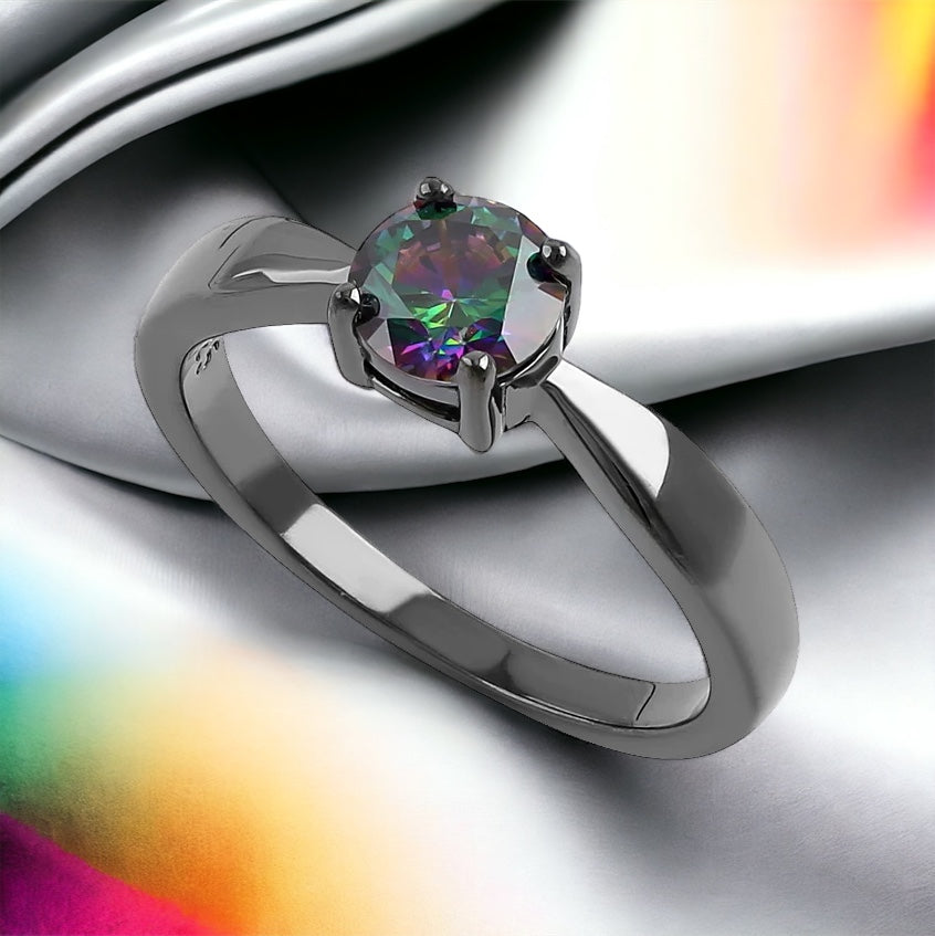 Black Rhodium Solitaire Rainbow CZ Ring