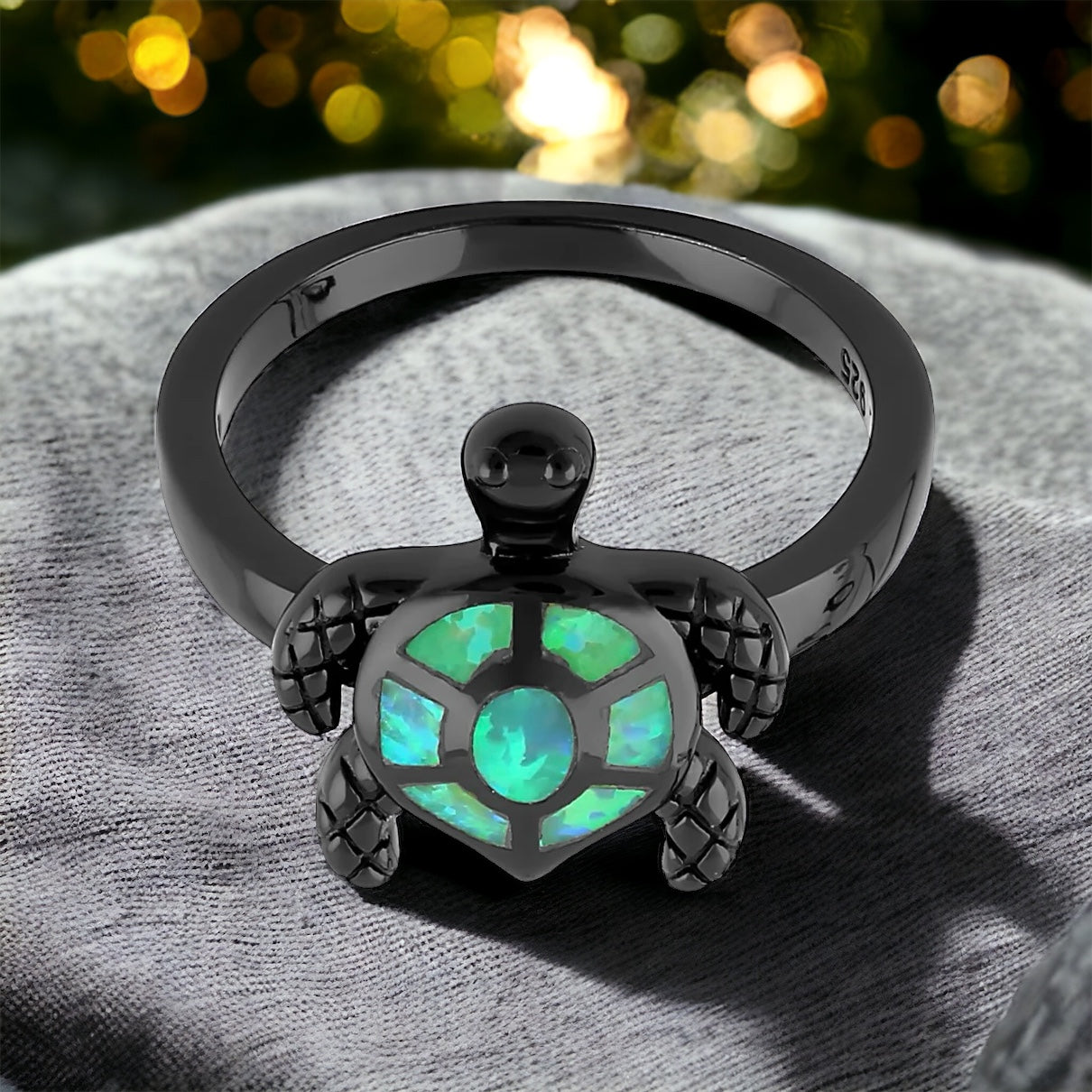 Black Rhodium Green Lab Opal Turtle Ring