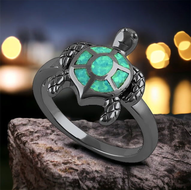 Black Rhodium Green Lab Opal Turtle Ring